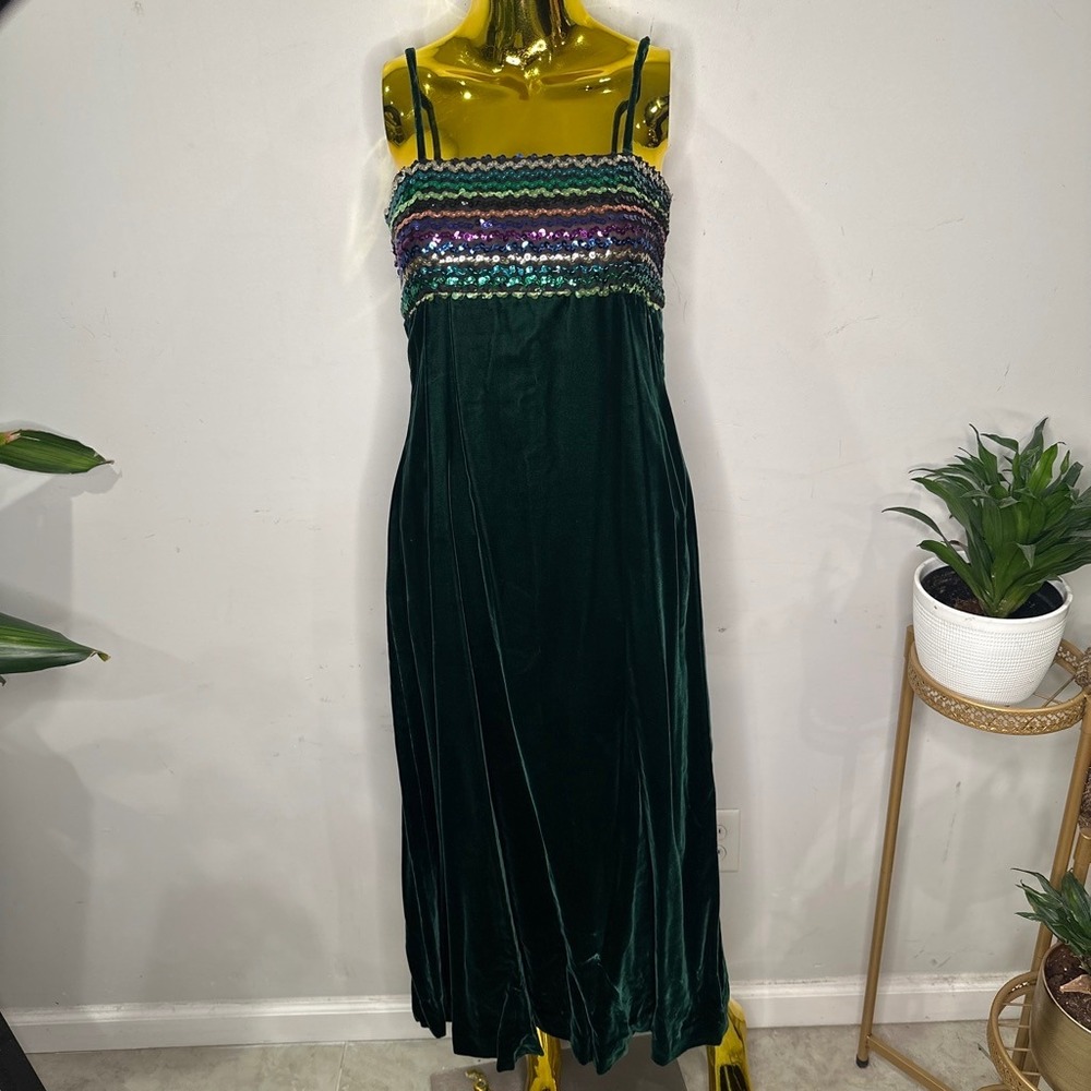 Vintage 70s Fairy Grunge Maximalist Green Velvet Sequin Bodice Maxi Dress 4/5